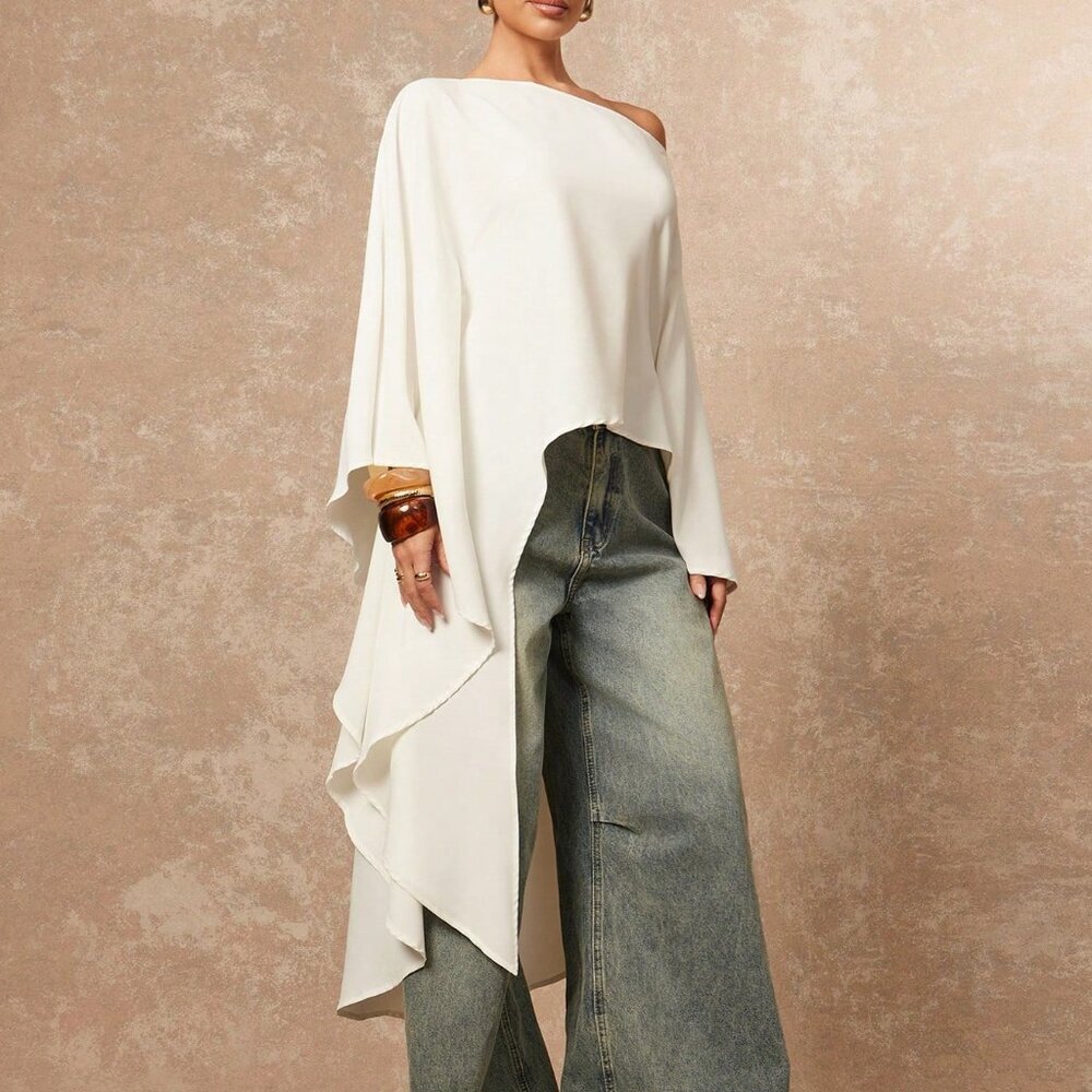 White Elegant Women's Asymmetric Hem Long Sleeve Top